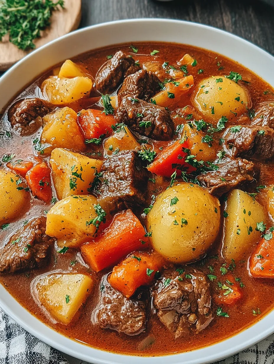 A bowl of stew with meat and vegetables.