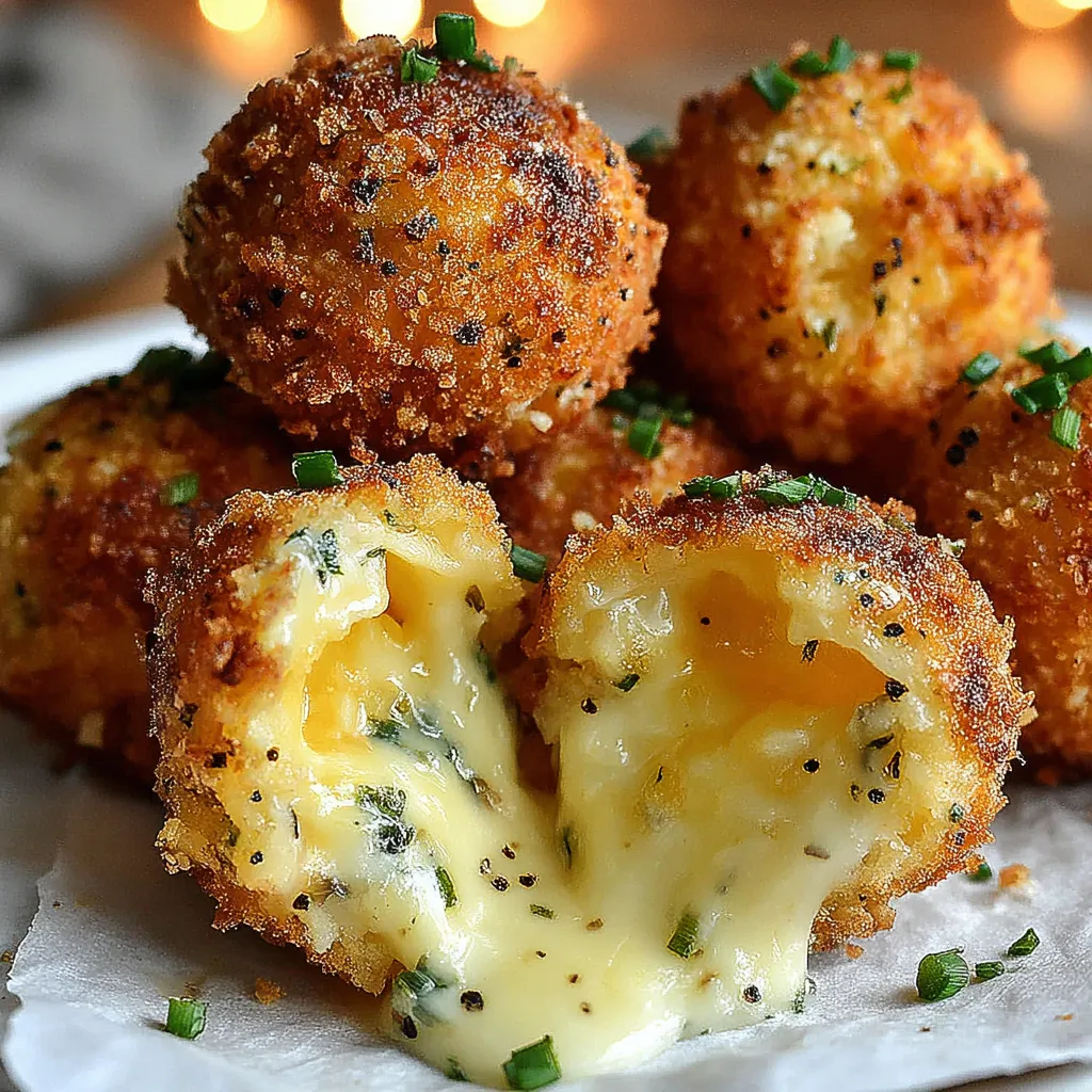 A plate of cheese balls with a spoon in them.