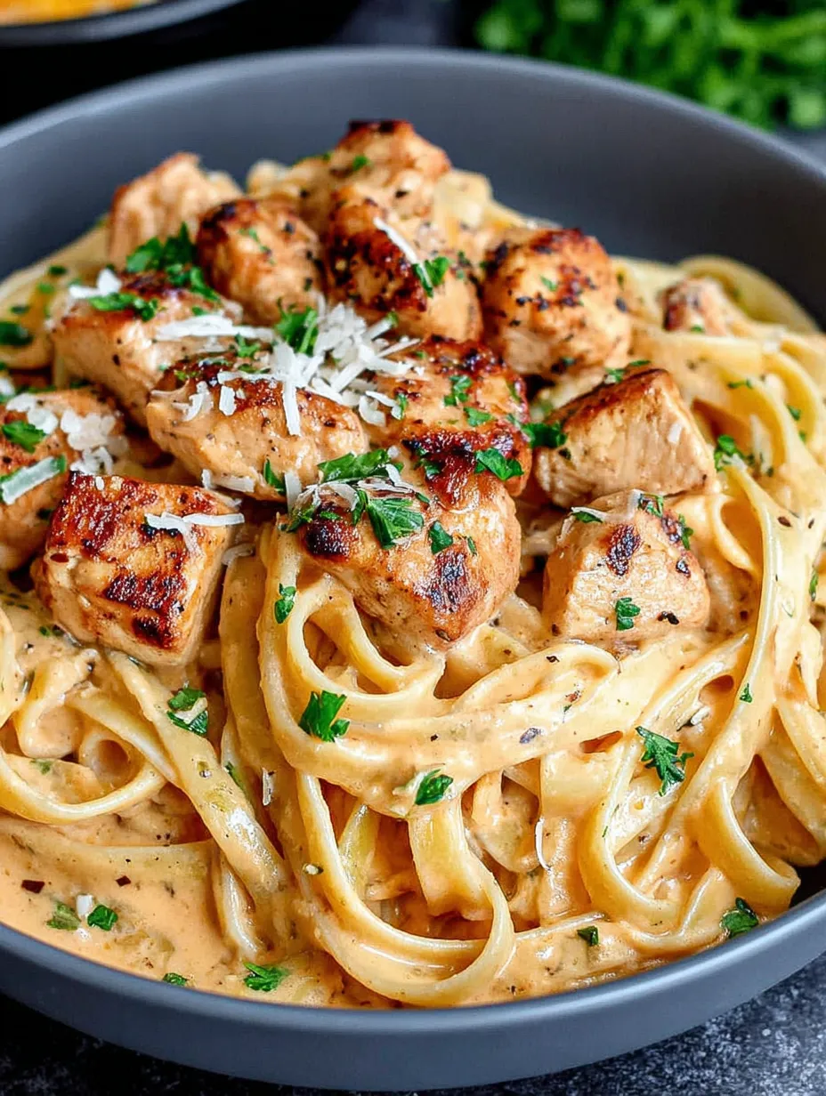 A bowl of pasta with chicken and cheese.
