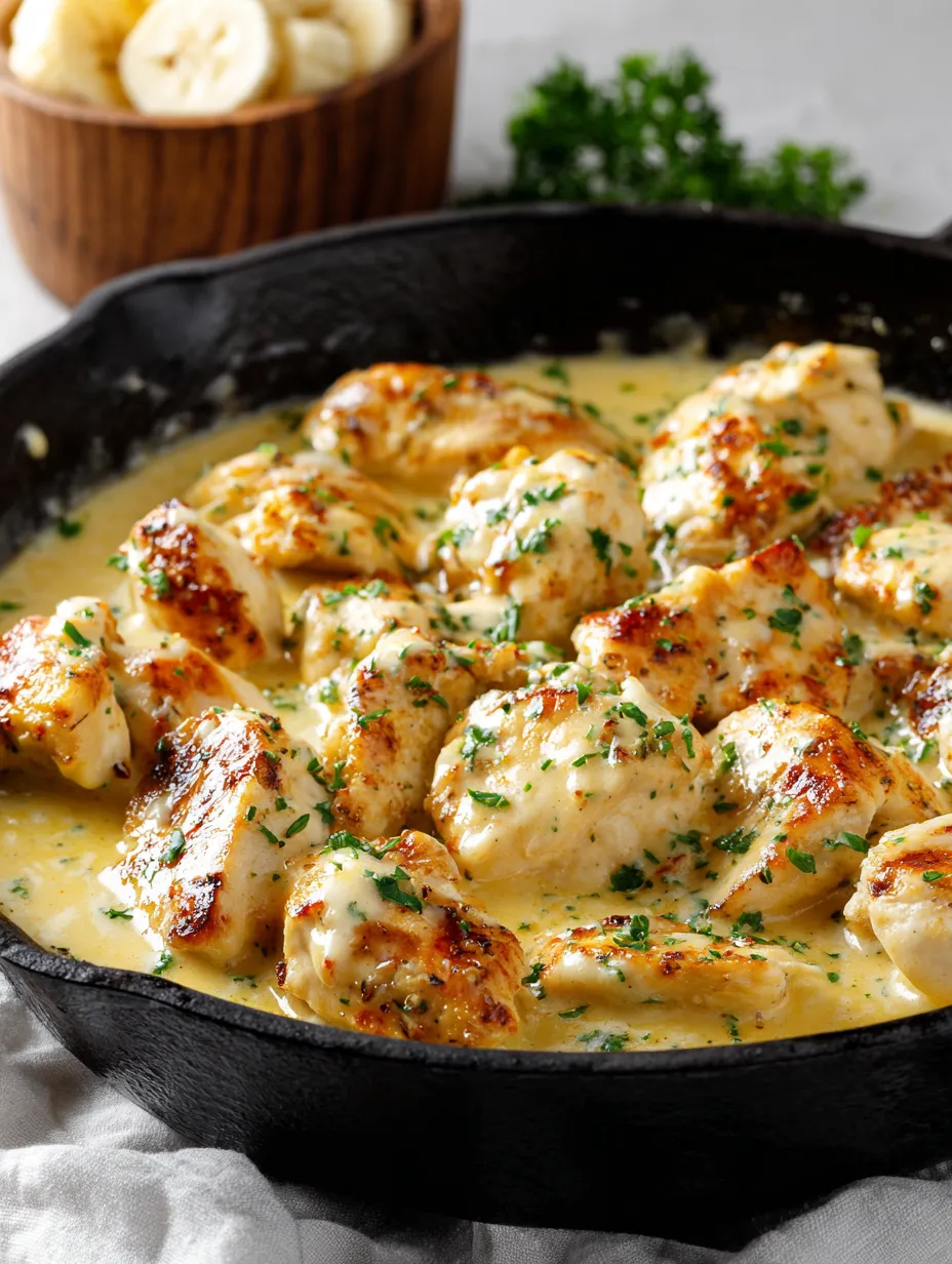 A pan of chicken with herbs and sauce.