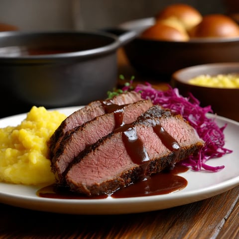 A plate of food with meat and gravy.