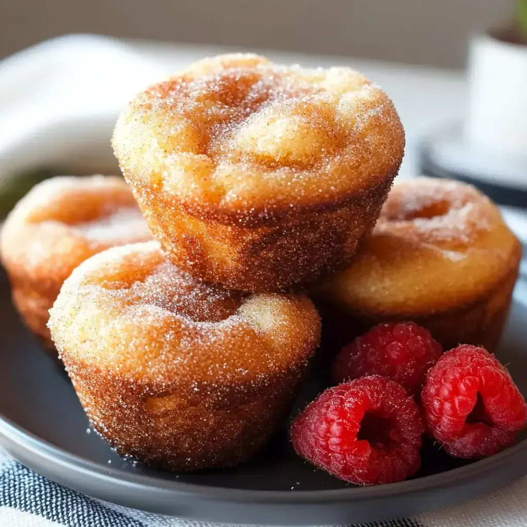 A plate of doughnuts with sugar and raspberries.