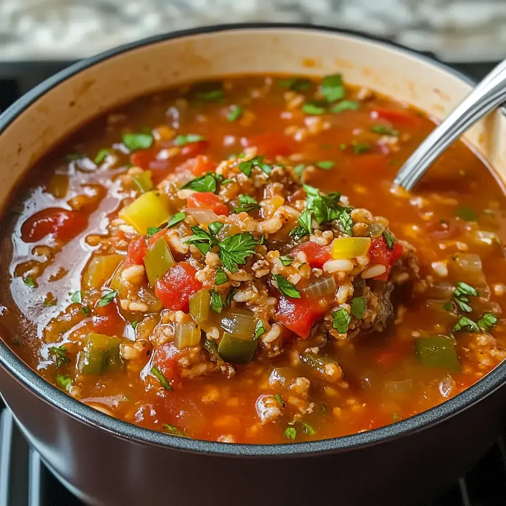 A bowl of soup with a spoon in it.