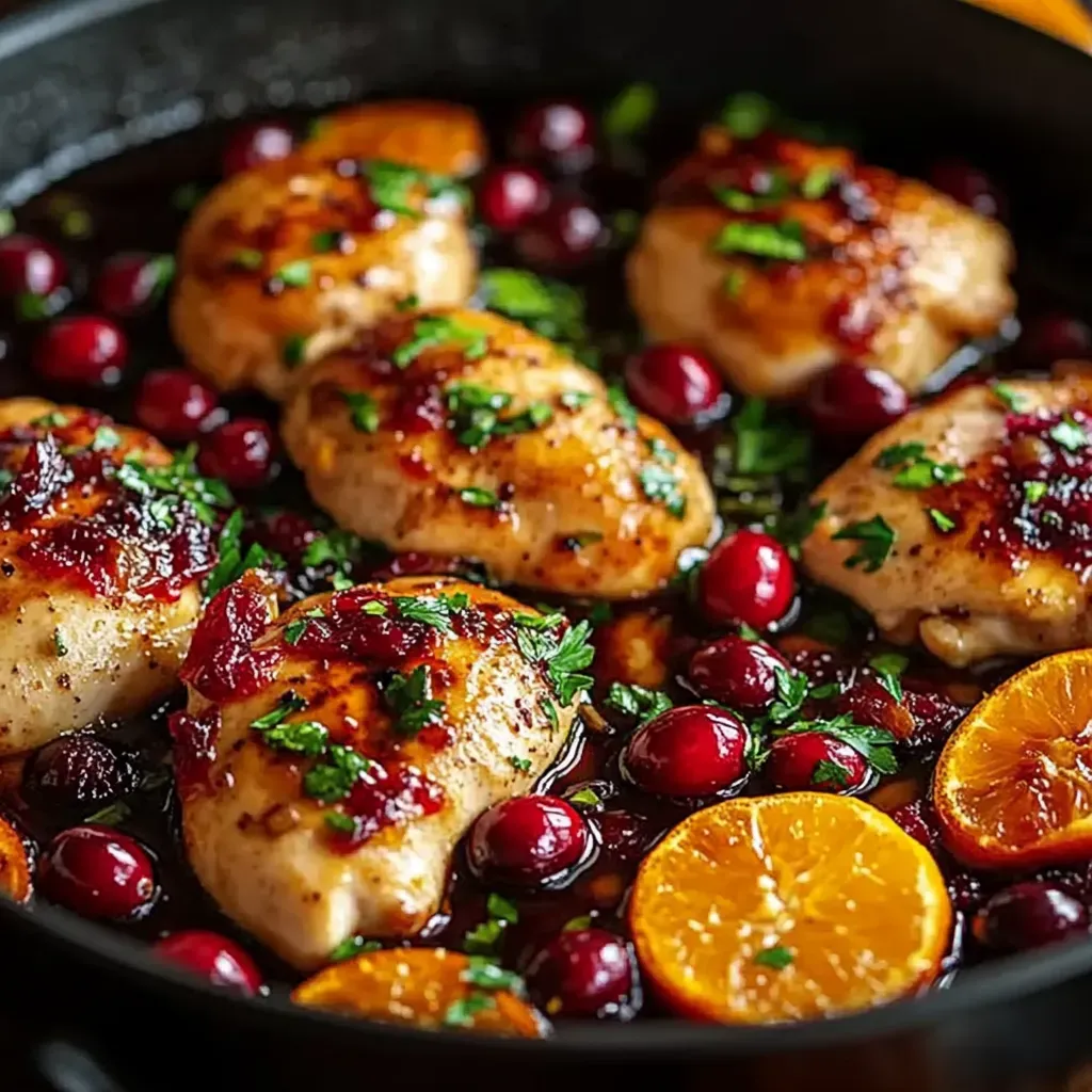 A pan of chicken with cranberries and oranges.