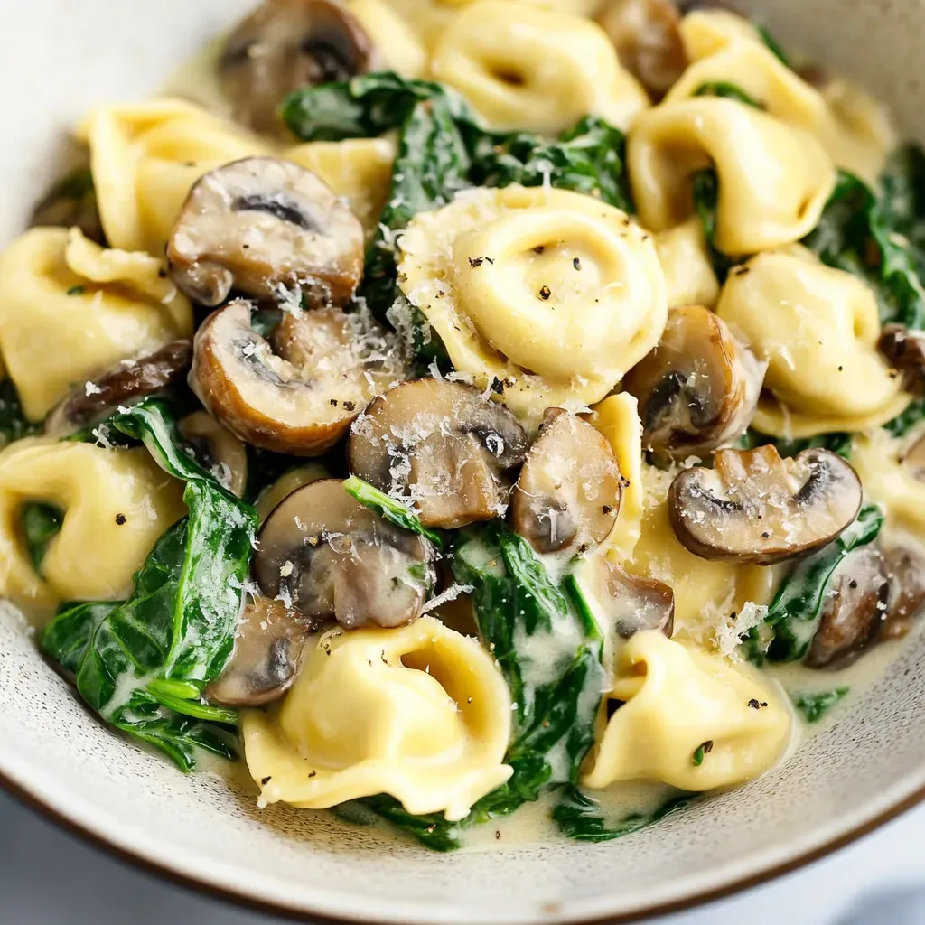 A bowl of pasta with mushrooms and spinach.