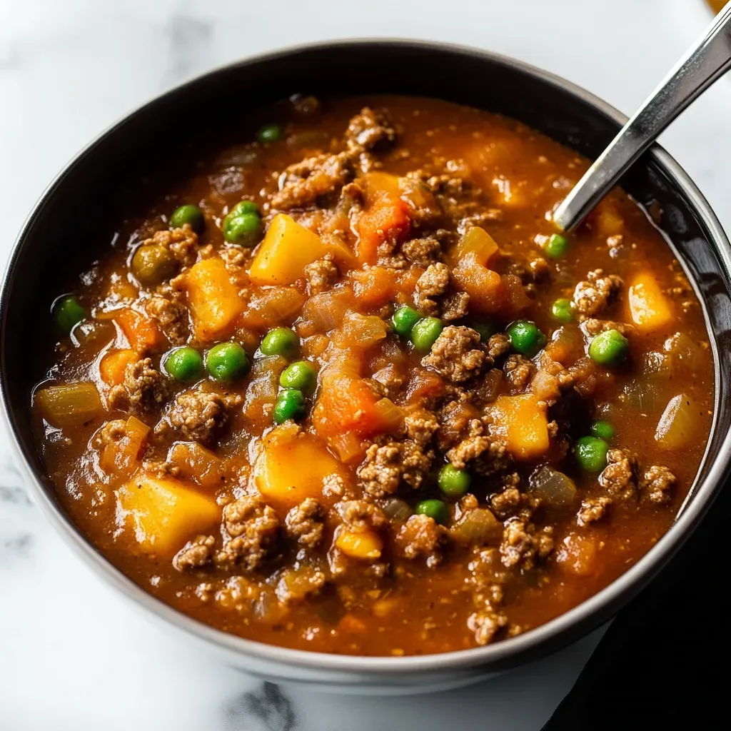 A bowl of soup with meat and peas.