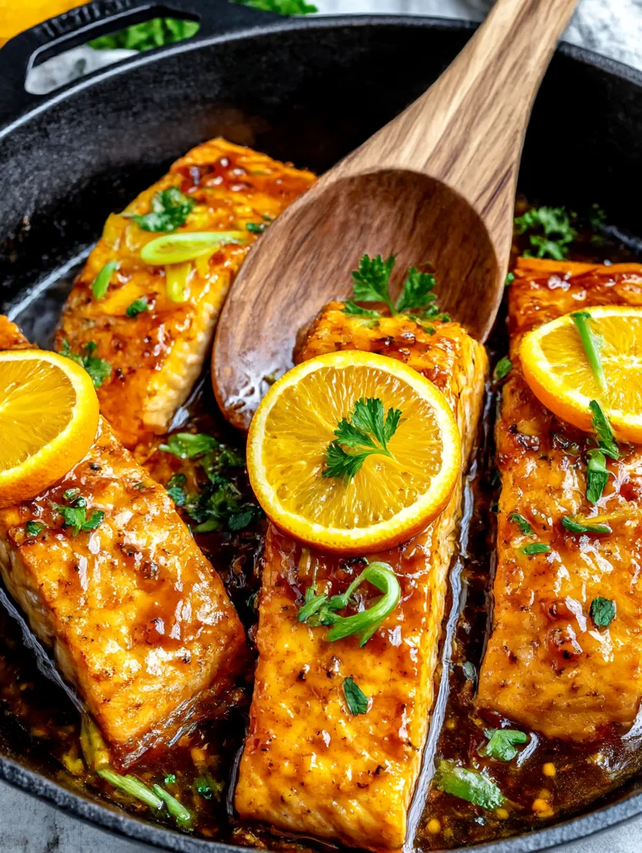 A pan of glazed salmon with a wooden spoon.