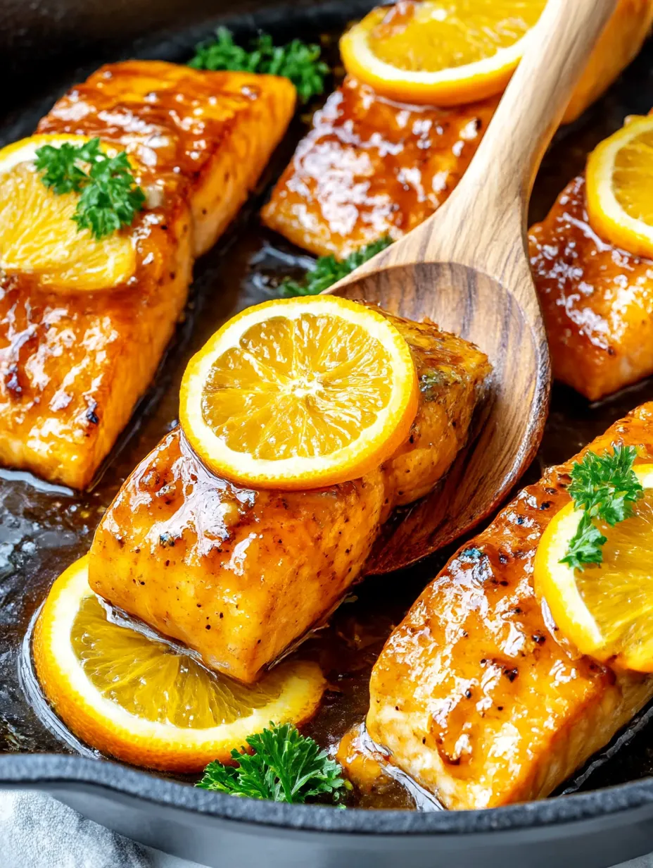Orange glazed salmon with lemon slices.