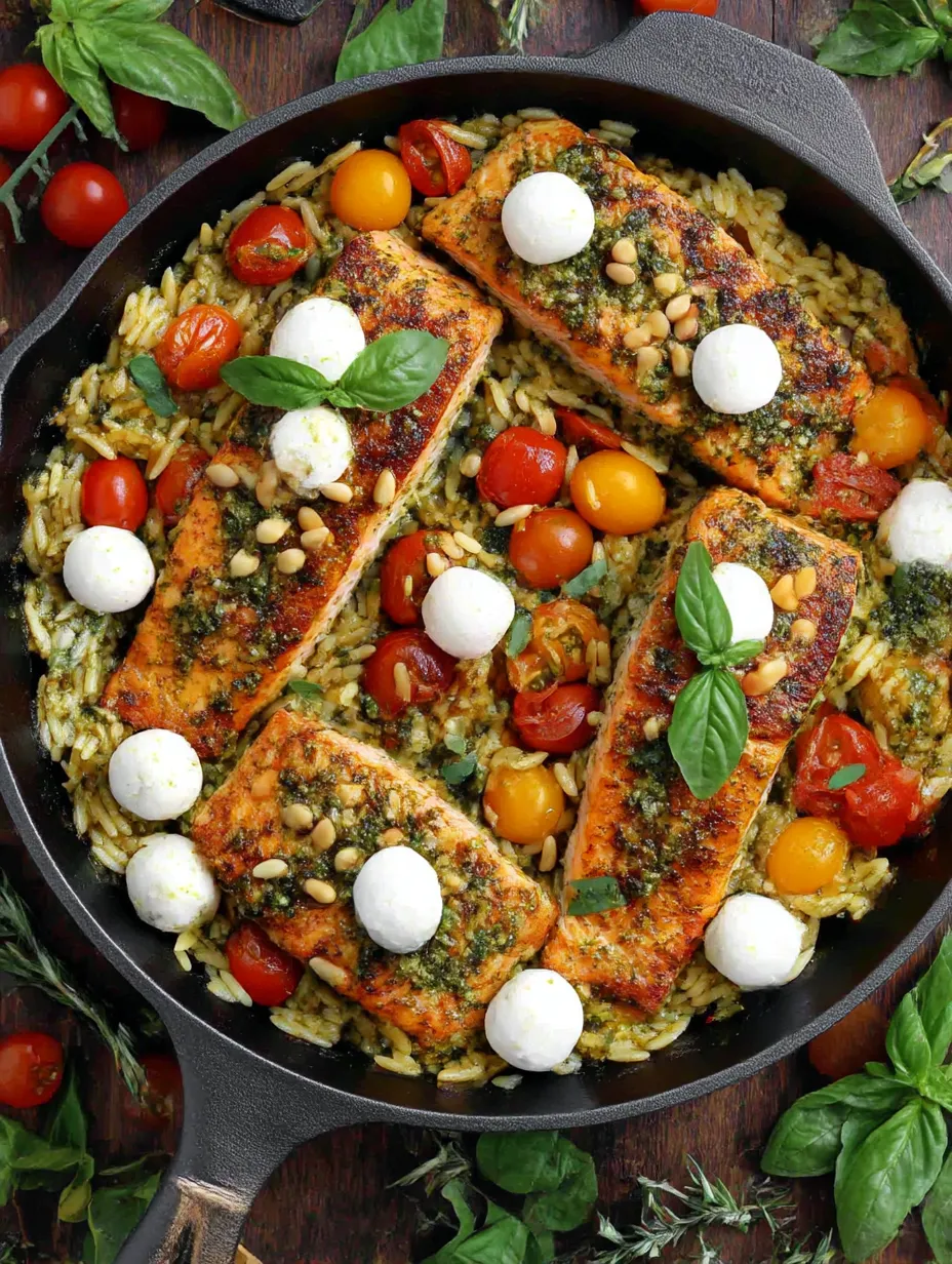 A pan of food with rice, tomatoes, and salmon.