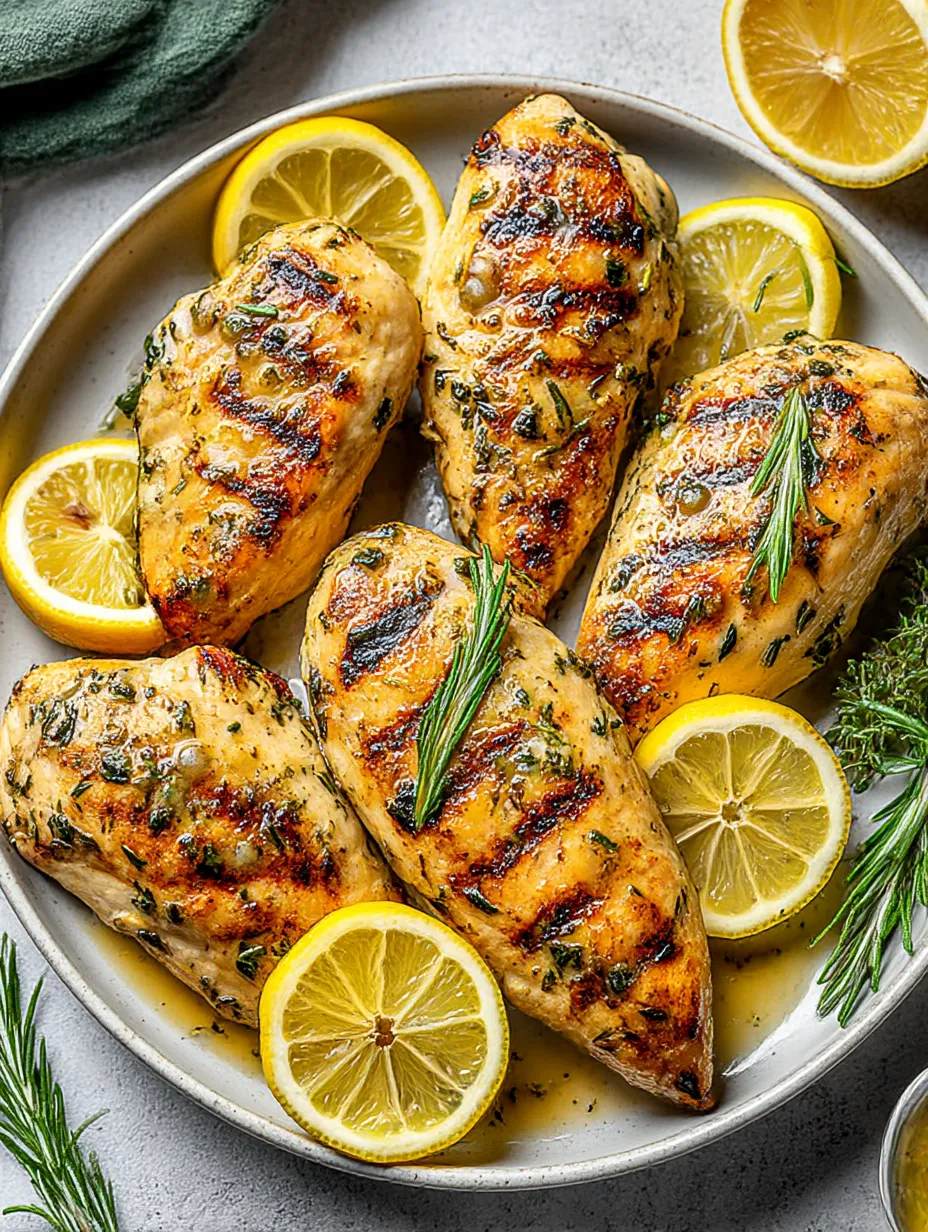 A plate of grilled chicken with lemon and herbs.