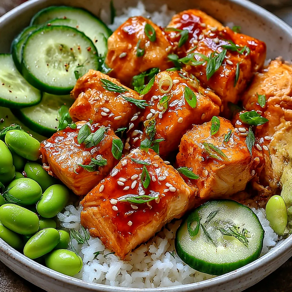 A bowl of food with rice, cucumbers, and meat.