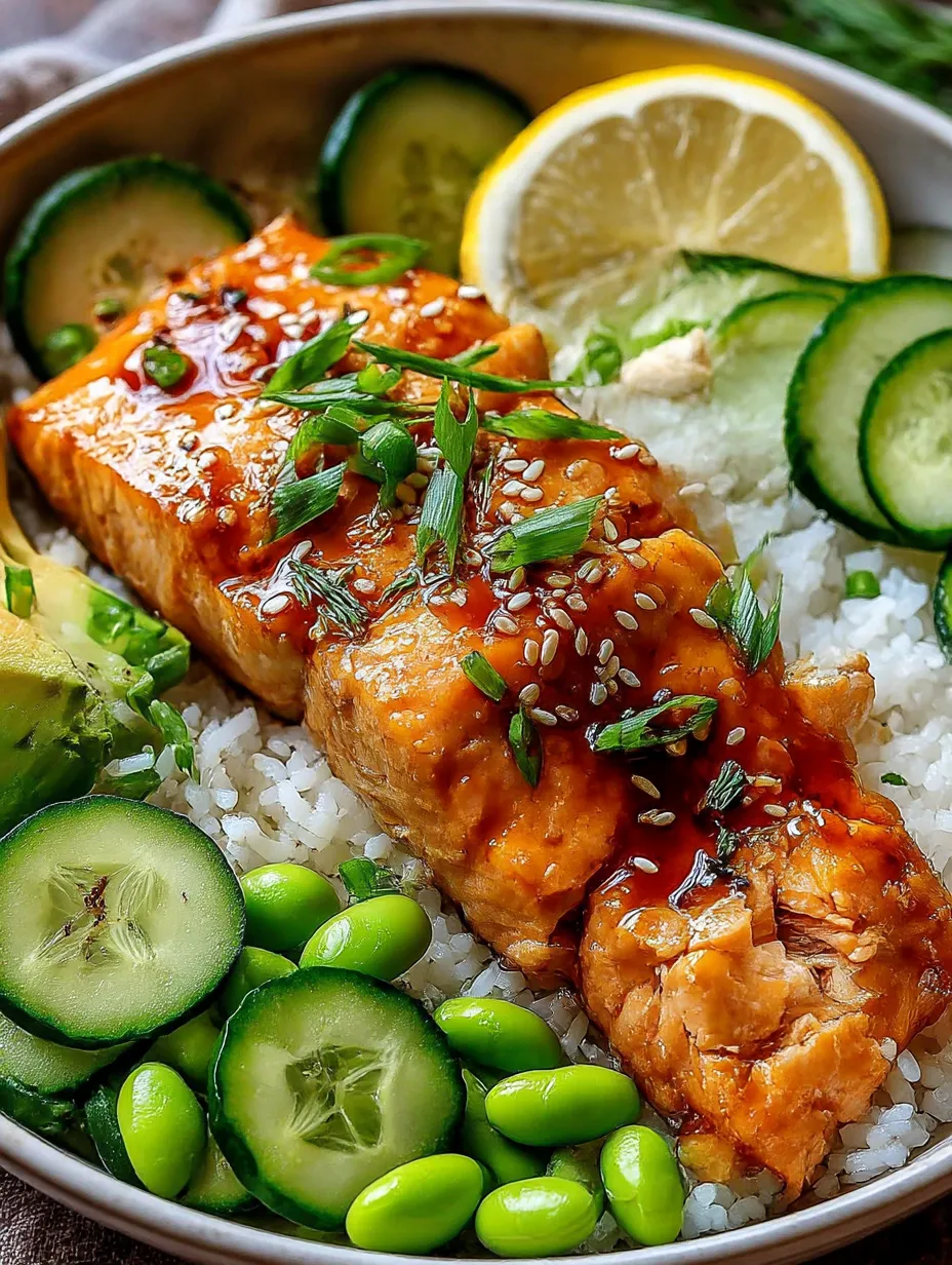 A bowl of food with a salmon dish and vegetables.