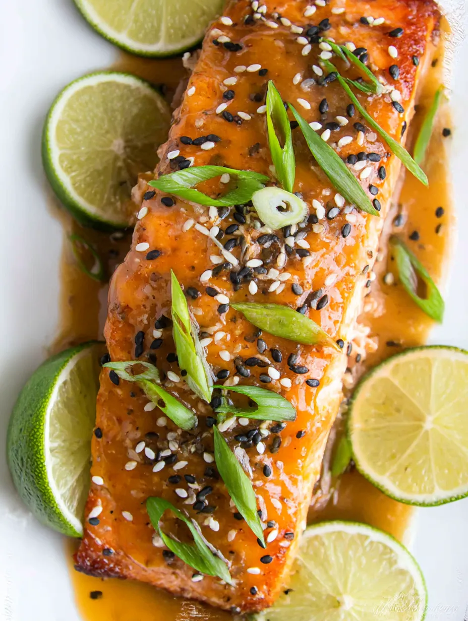 A piece of baked sweet chili garlic salmon with lime wedges on the side.