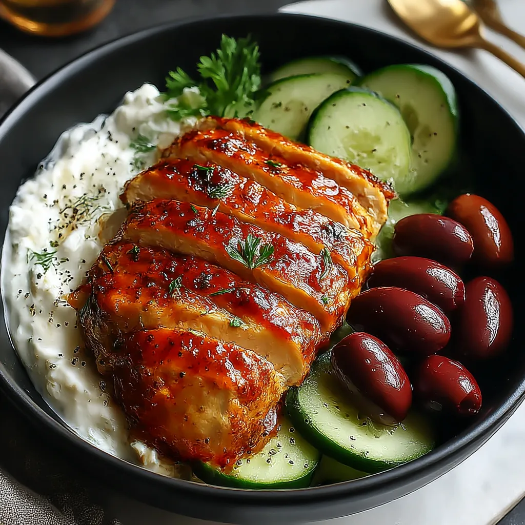 A bowl of food with chicken, cucumbers, and olives.