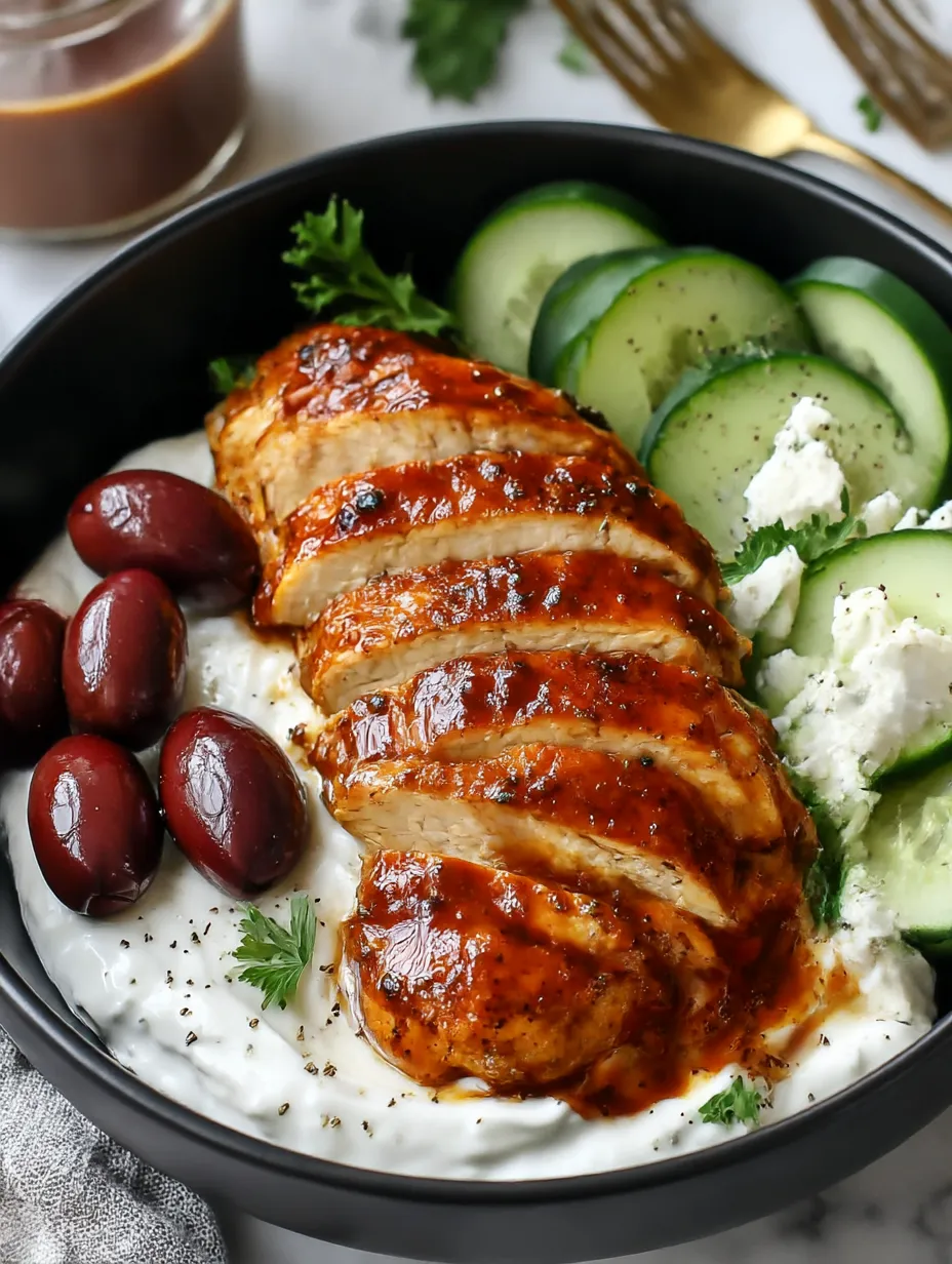 A bowl of chicken with a sauce and garnished with cucumbers and olives.