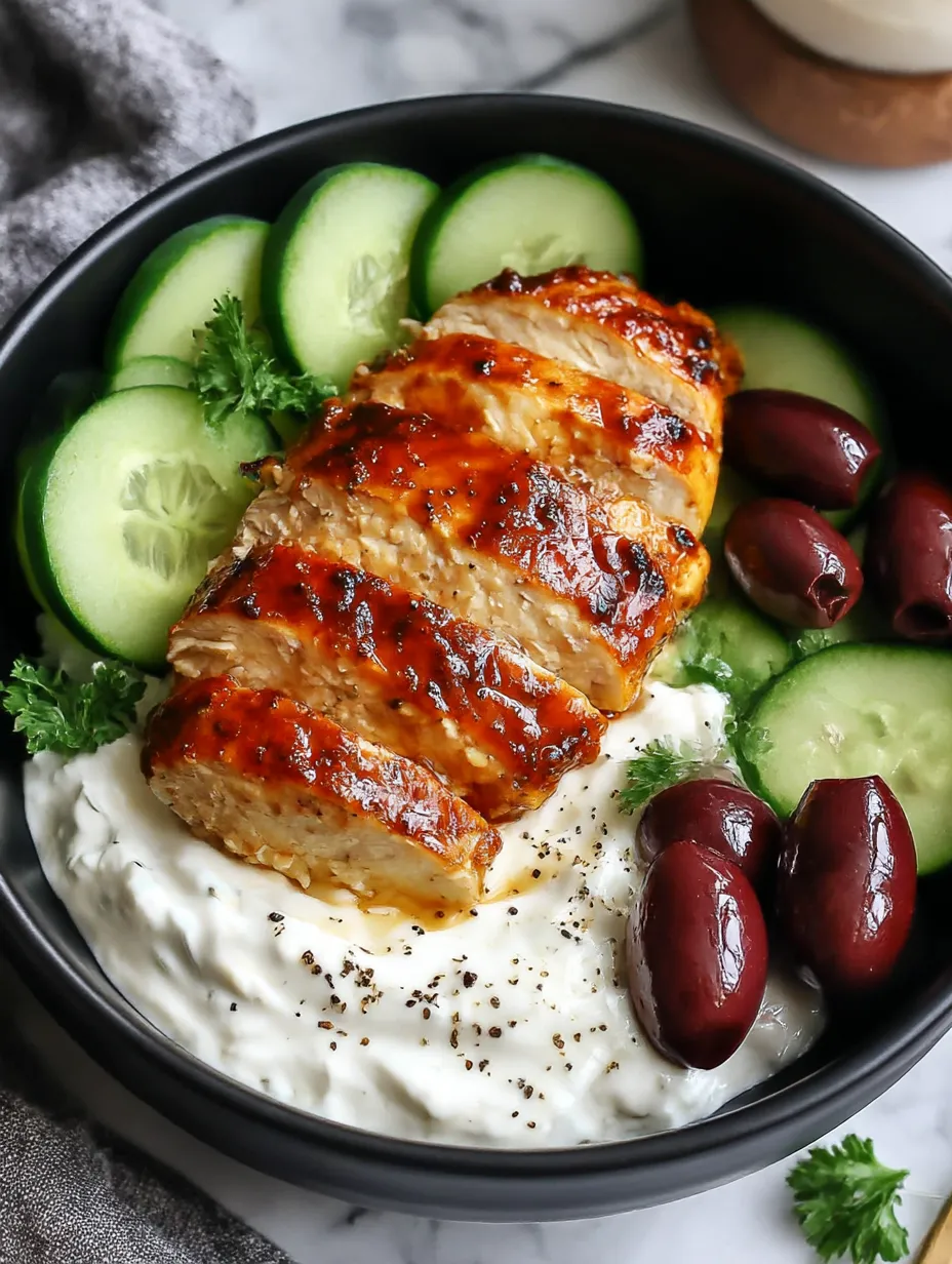 A bowl of food with chicken, cucumbers, olives, and sauce.