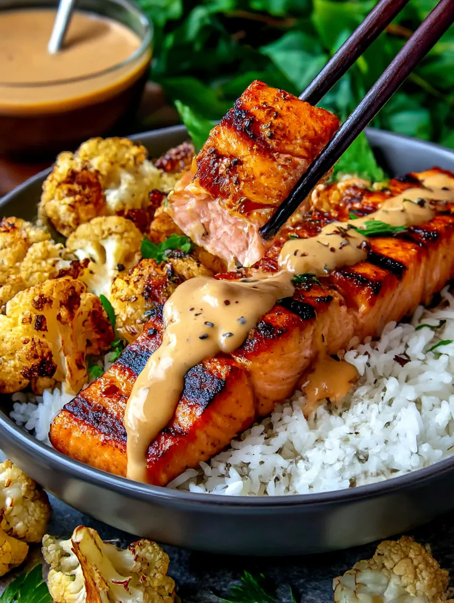 A bowl of food with salmon and rice.
