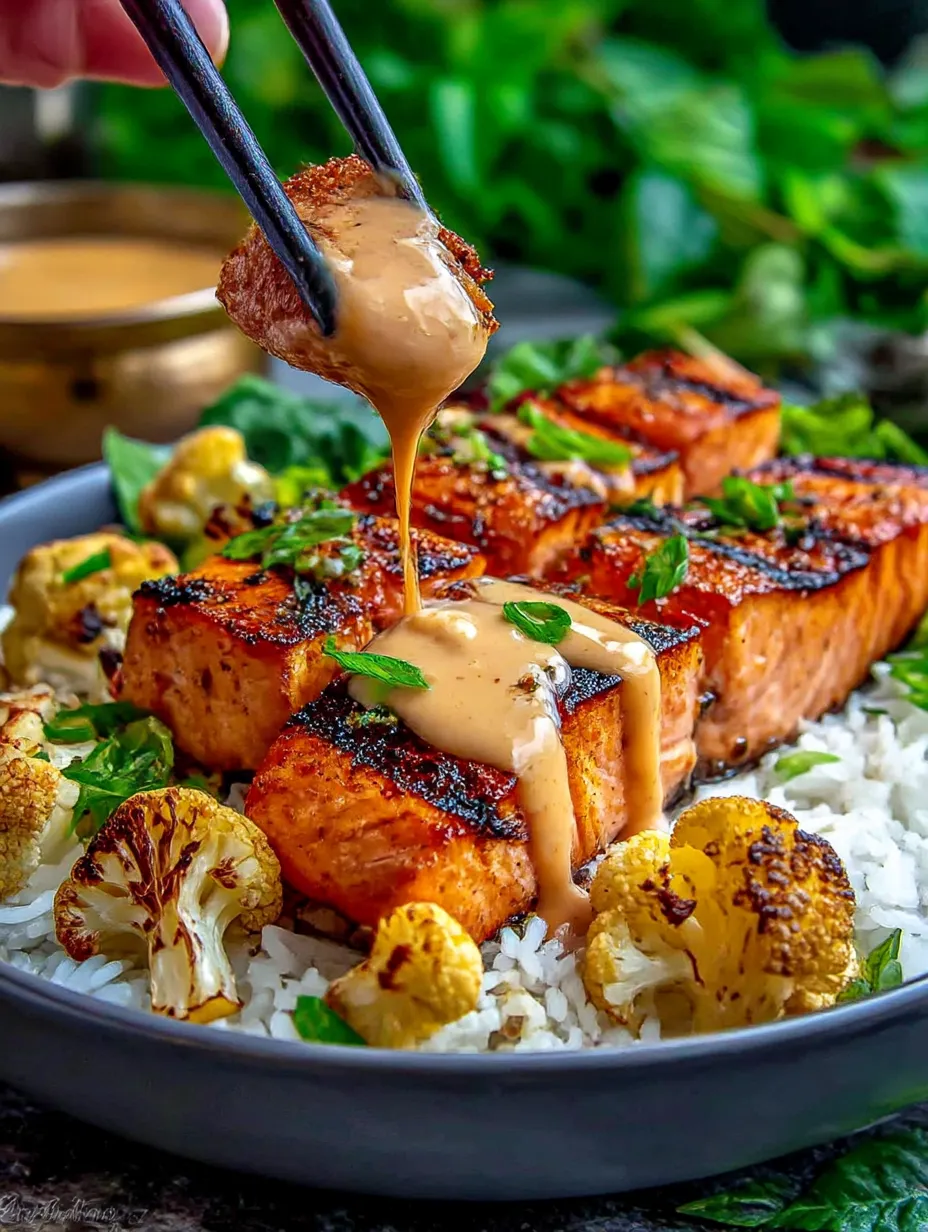 A plate of food with a salmon dish and a sauce drizzled over it.