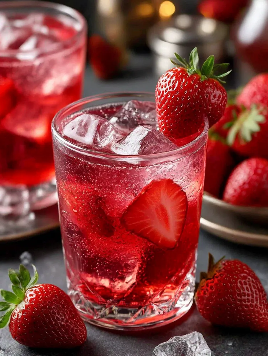 A glass of Strawberry Dirty Sprite with a strawberry on top.