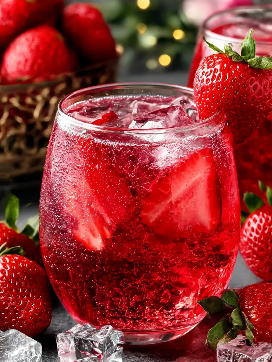 A glass of strawberry dirty sprite with a strawberry on top.