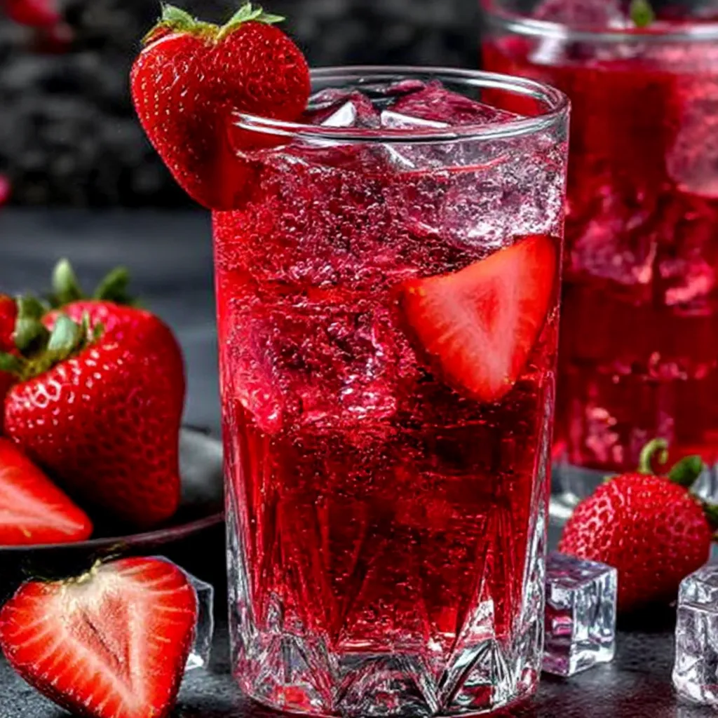 A glass of red drink with strawberries on top.