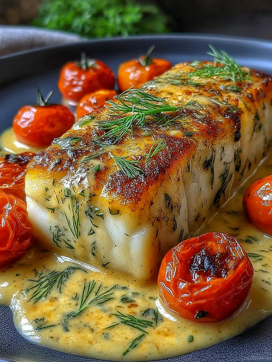 A grilled fish with tomatoes and a creamy dill sauce.