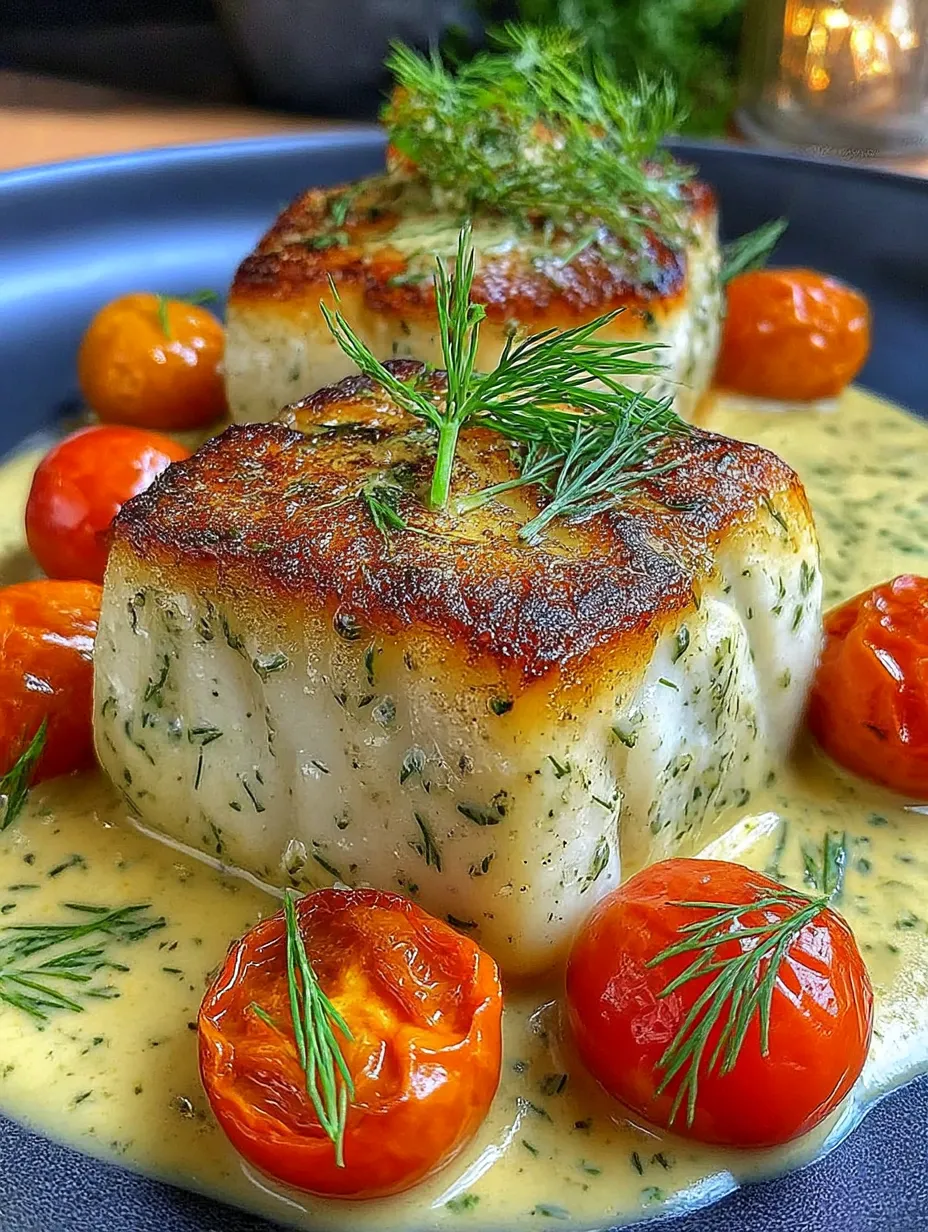 Grilled cod with roasted tomatoes and creamy dill sauce.