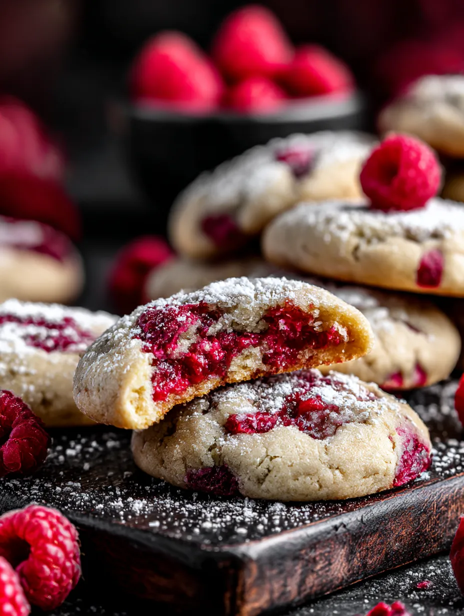 A stack of sugar cookies with raspberry toppings.