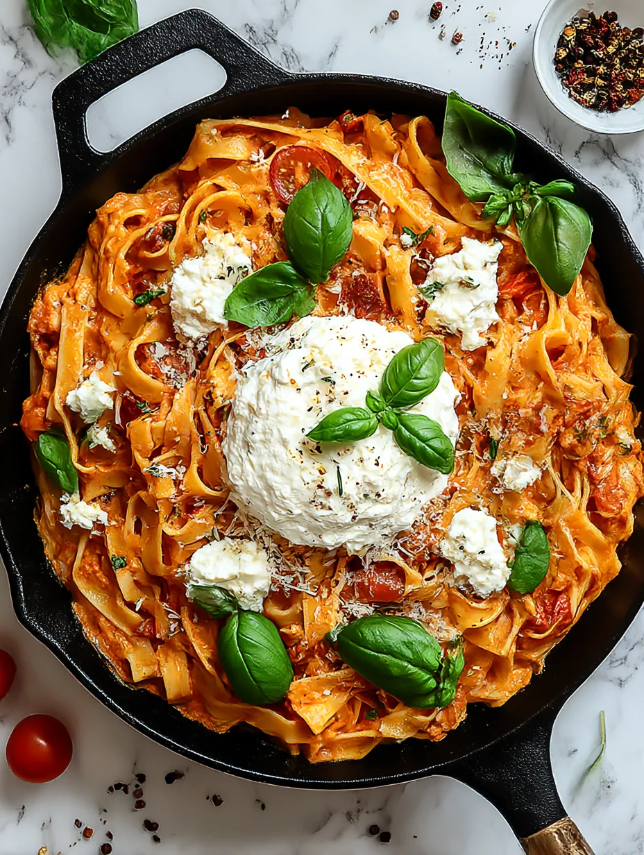 A dish of pasta with tomatoes and ricotta cheese.