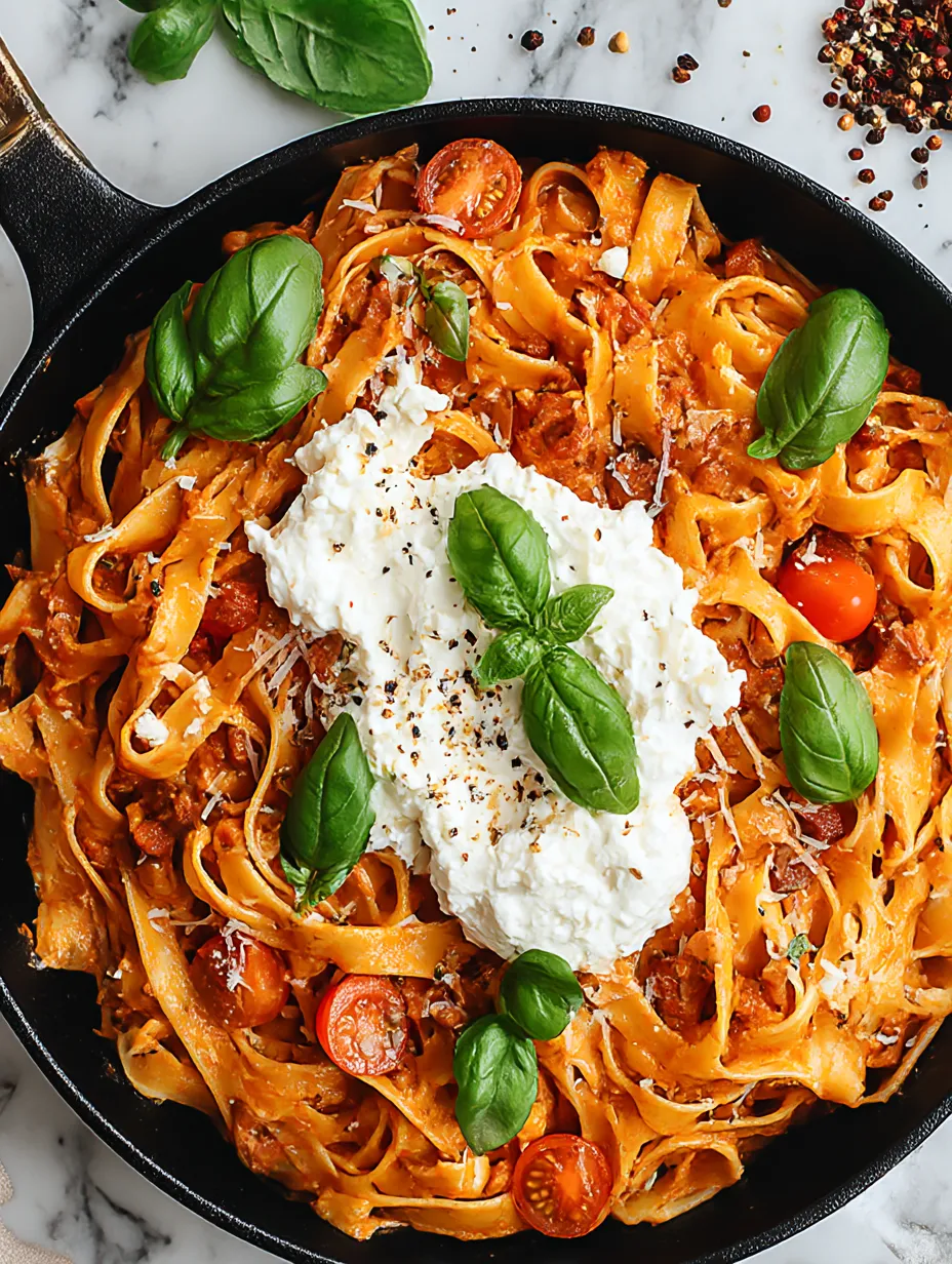 A dish of pasta with tomatoes and ricotta cheese.