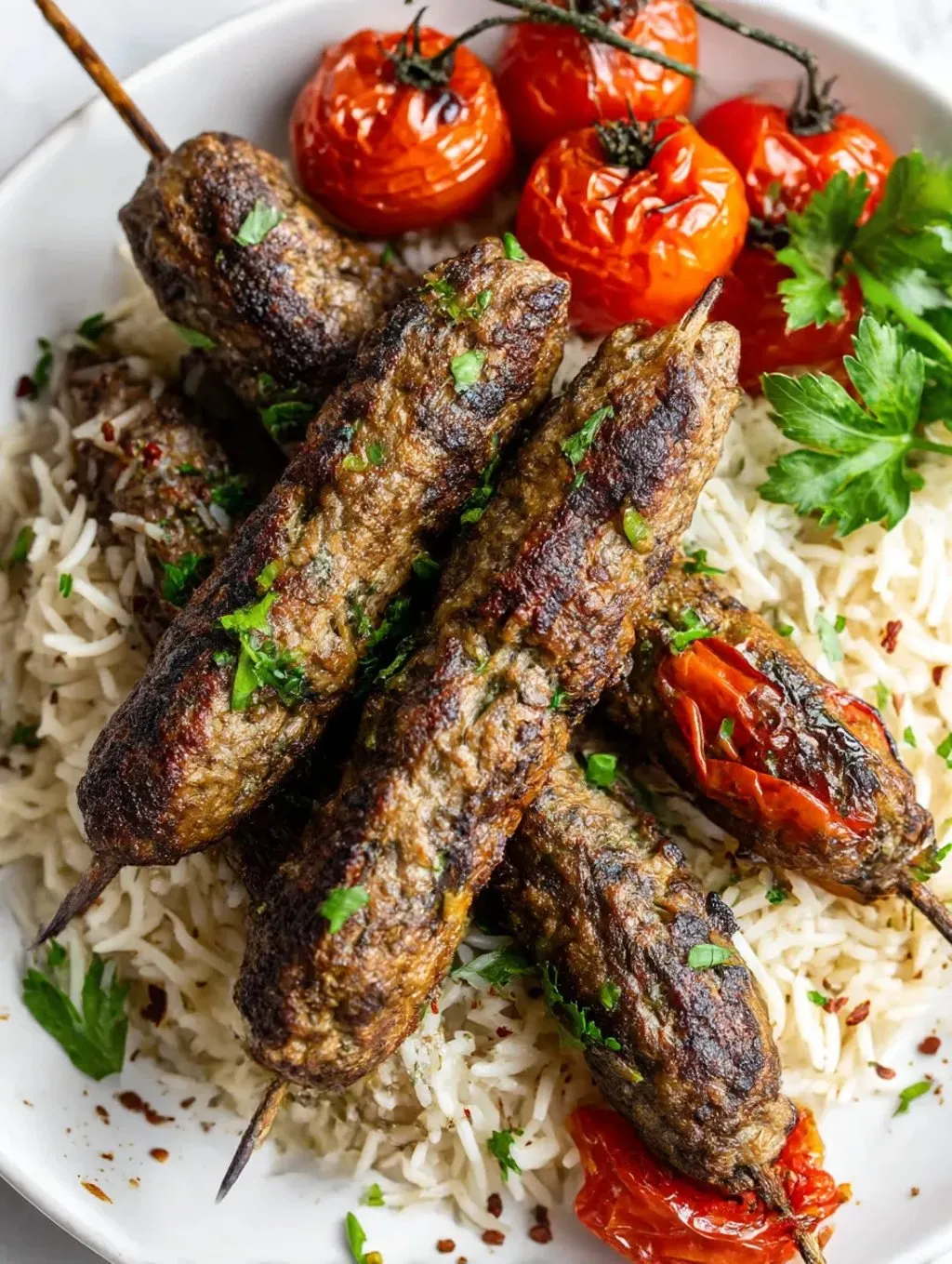 A plate of meat and vegetables, including tomatoes and rice.