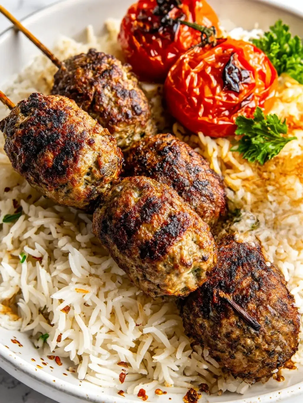A plate of food with rice, meatballs, and tomatoes.