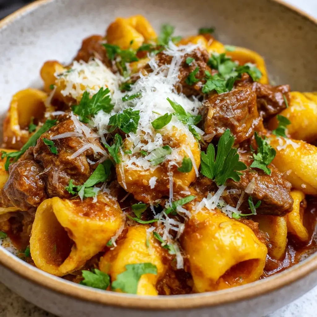 A bowl of pasta with meat sauce.