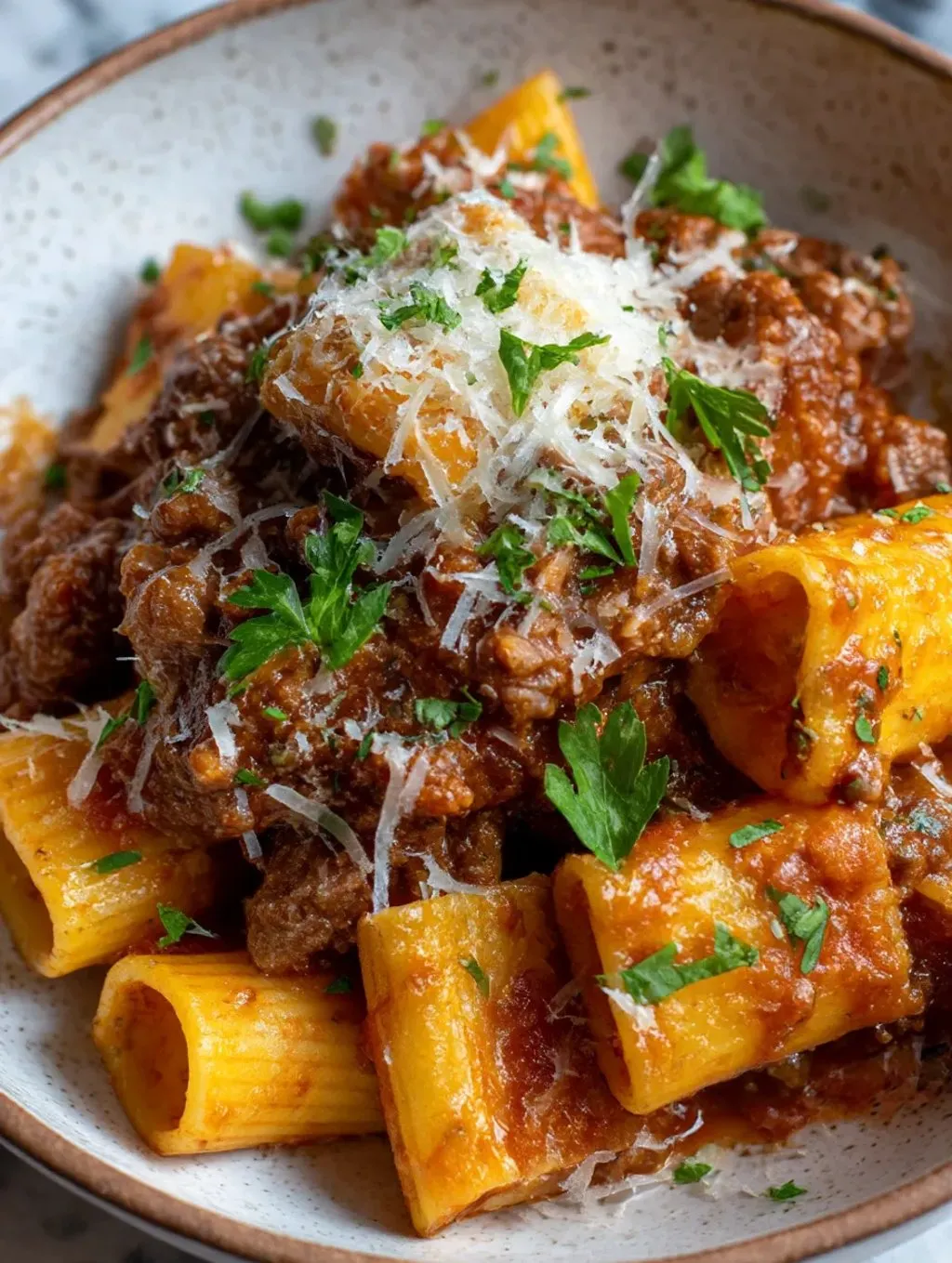 A plate of pasta with meat sauce.