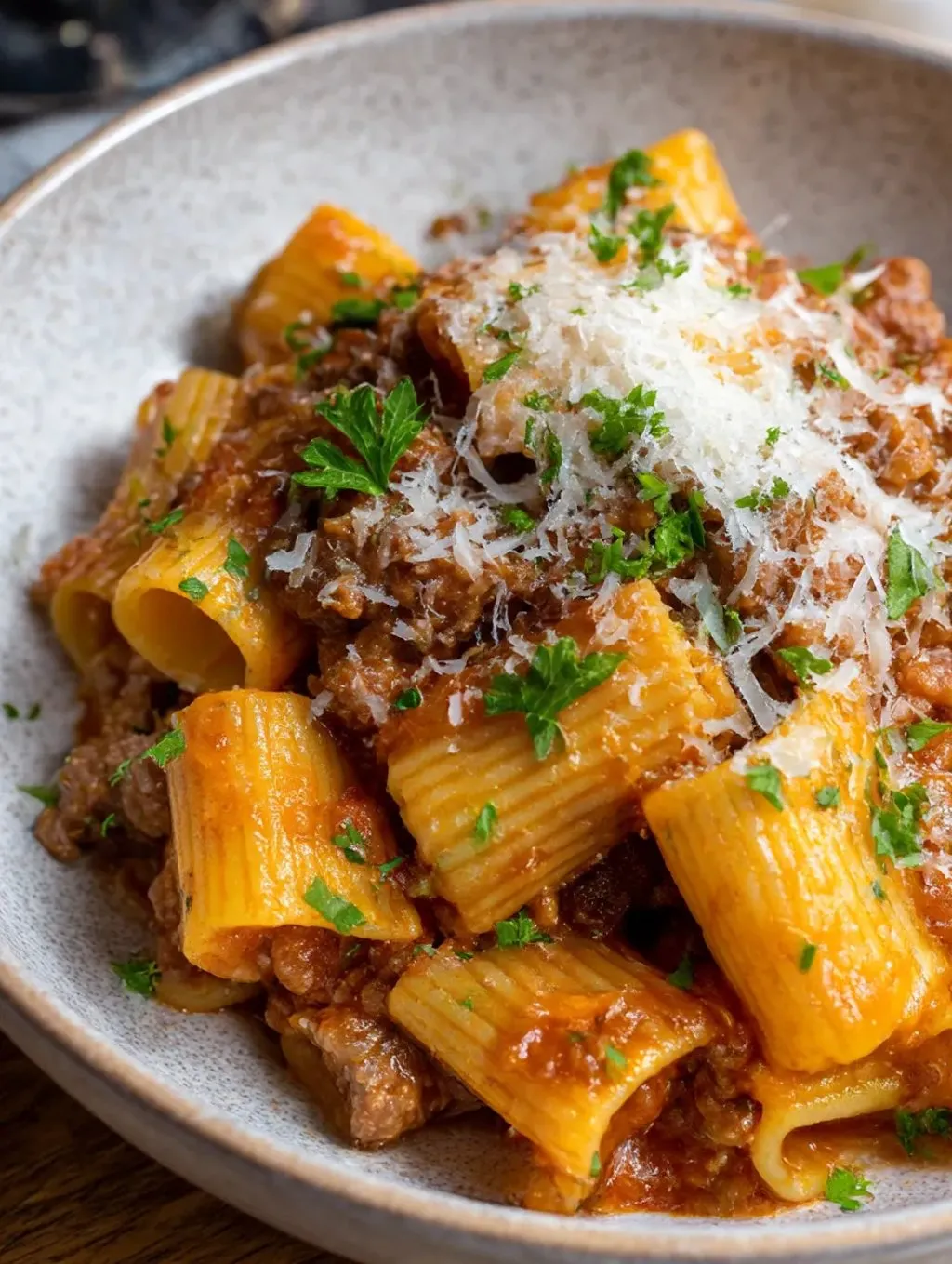 A plate of pasta with meat sauce.