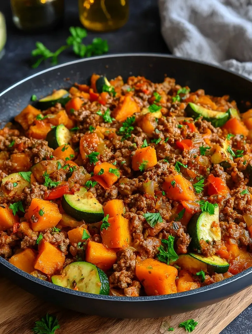 A delicious meal of ground beef, zucchini, and sweet potato.
