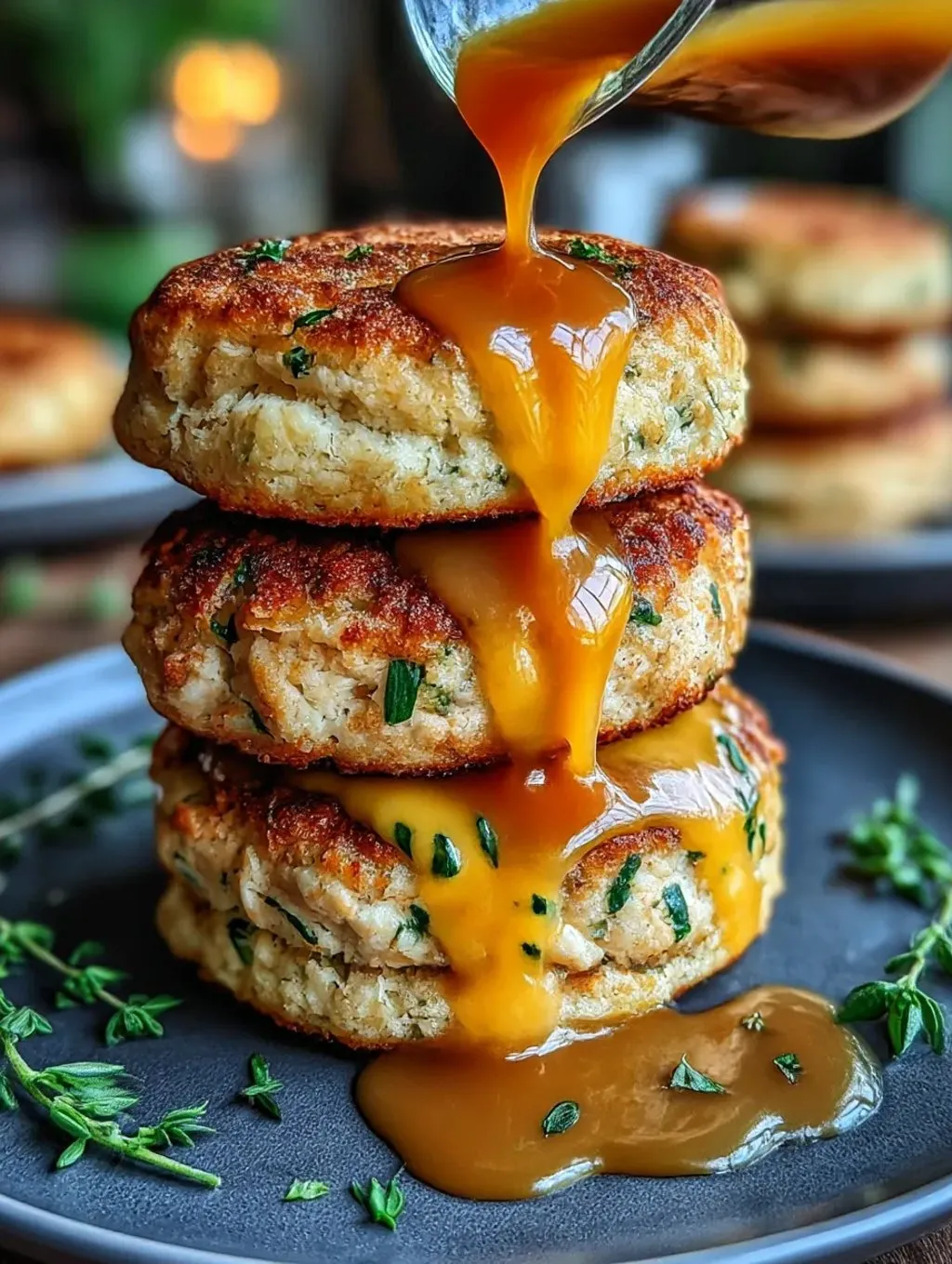 Cheddar Ranch Chicken Burgers stacked on a plate.