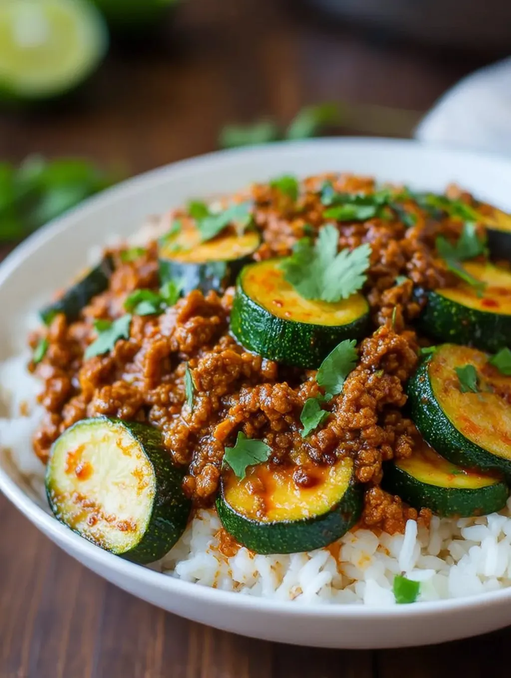 A bowl of food with zucchini and beef.