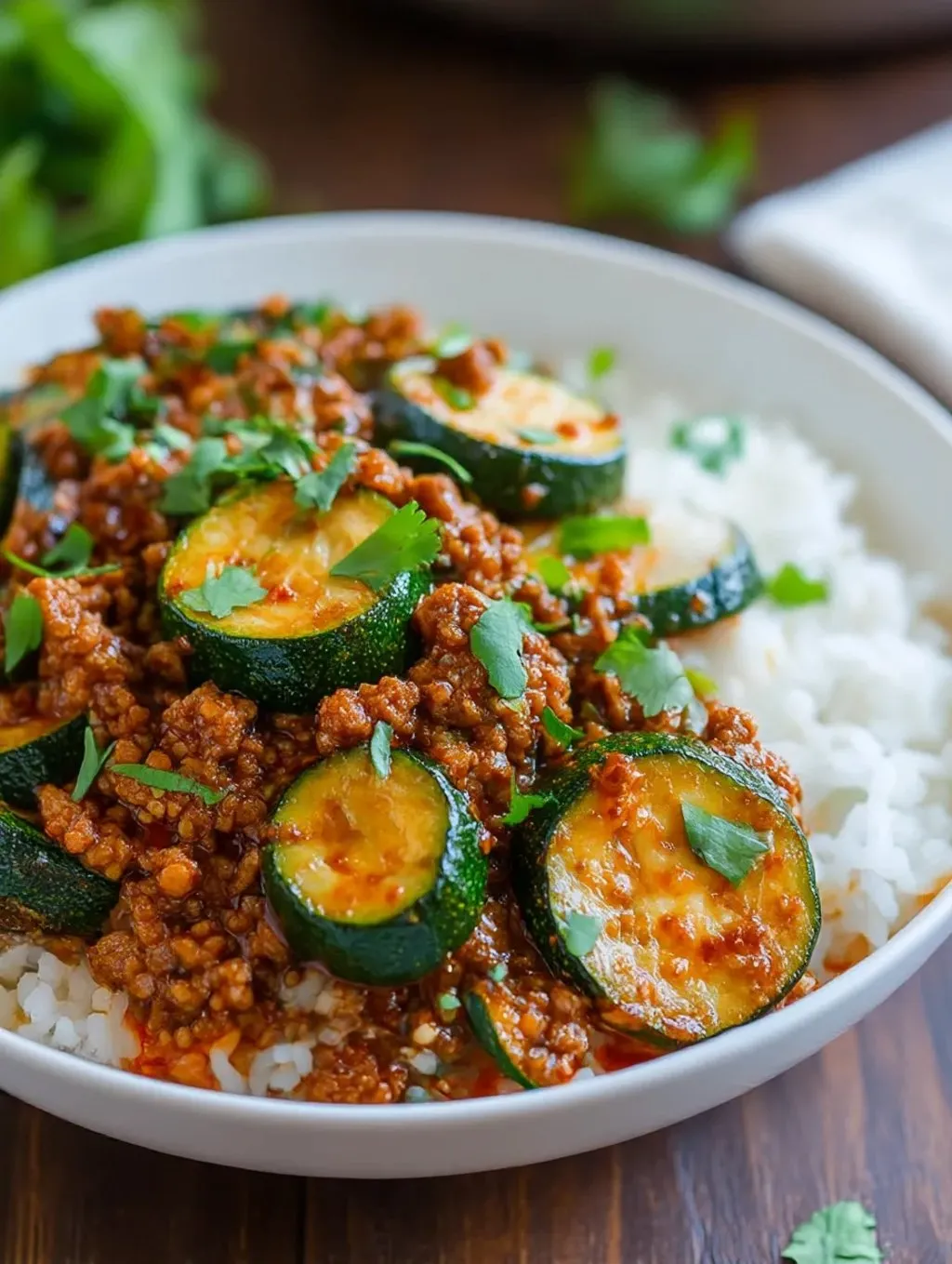 A bowl of food with zucchini and beef.