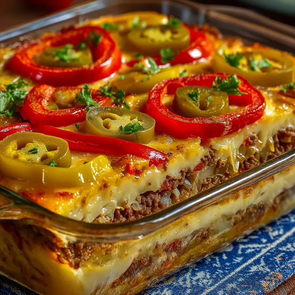A dish of food with a yellow bell pepper on top.