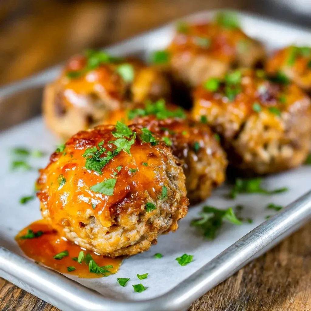 A plate of meatballs with a sauce on top.