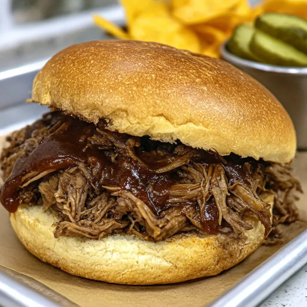 A pulled beef sandwich with BBQ sauce on a bun.