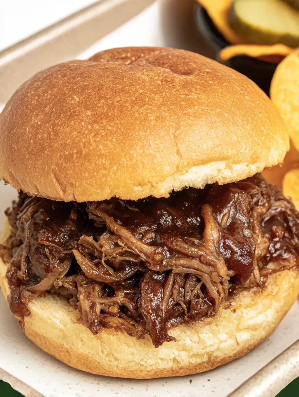 A pulled beef sandwich with barbecue sauce.
