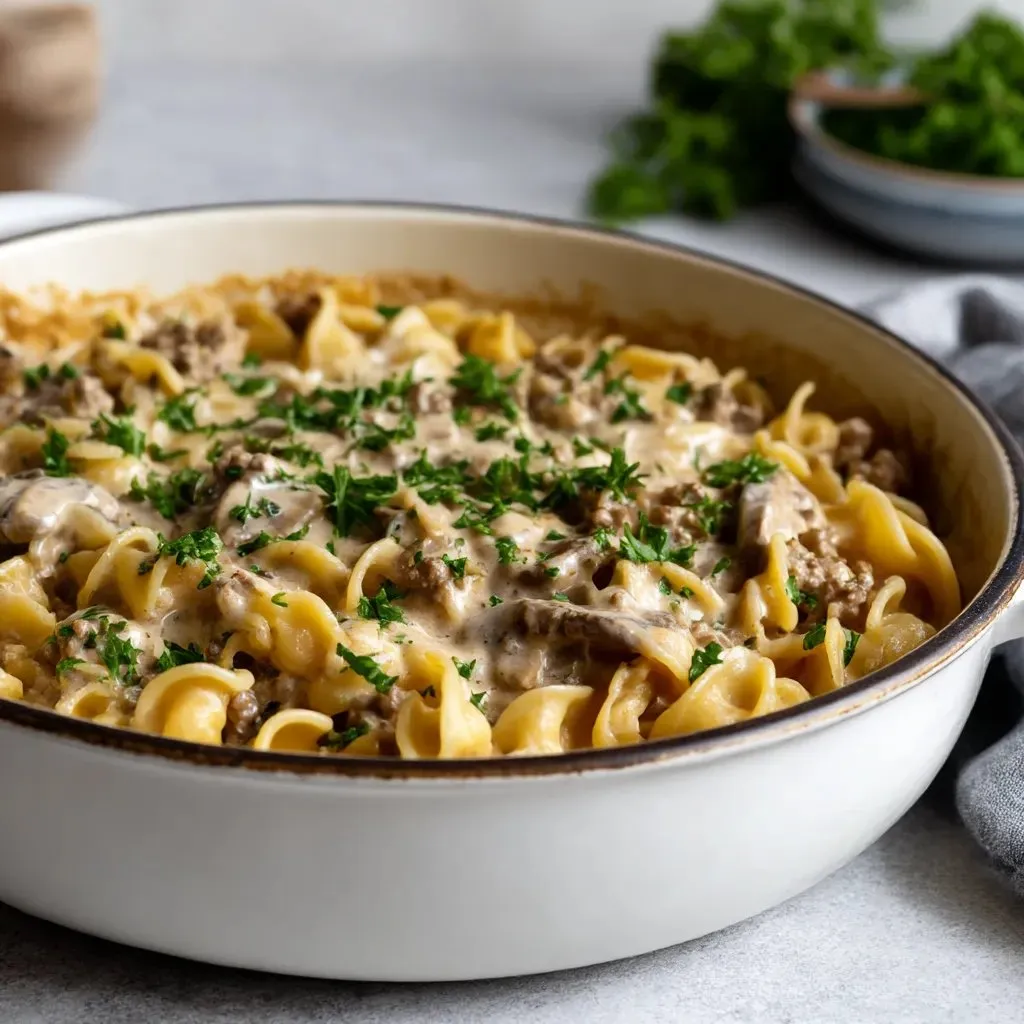A bowl of beef stroganoff with noodles and herbs.