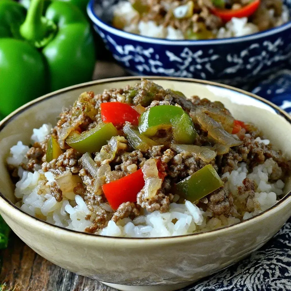 Two bowls of beef and pepper rice.