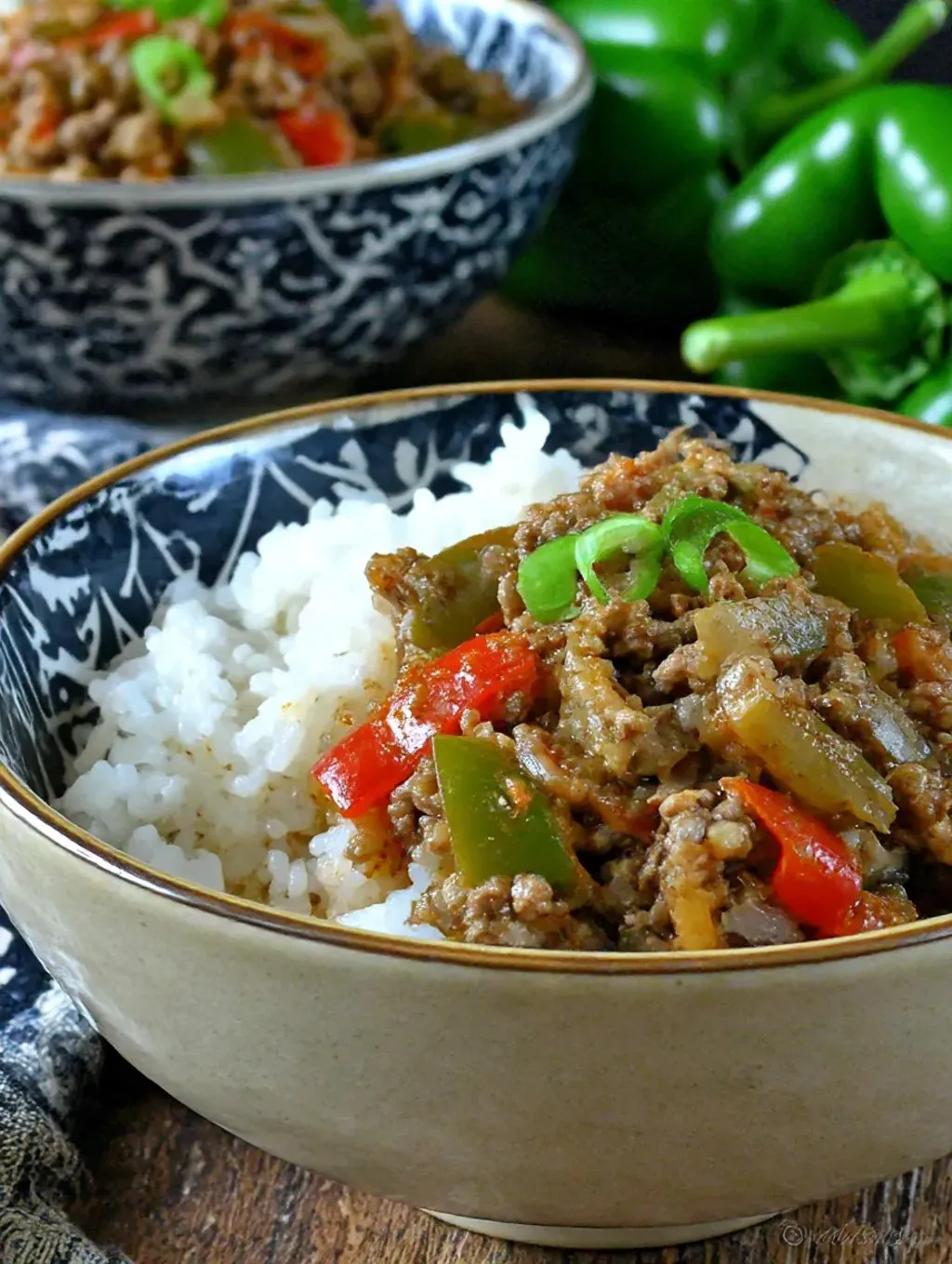 A bowl of beef and pepper rice.