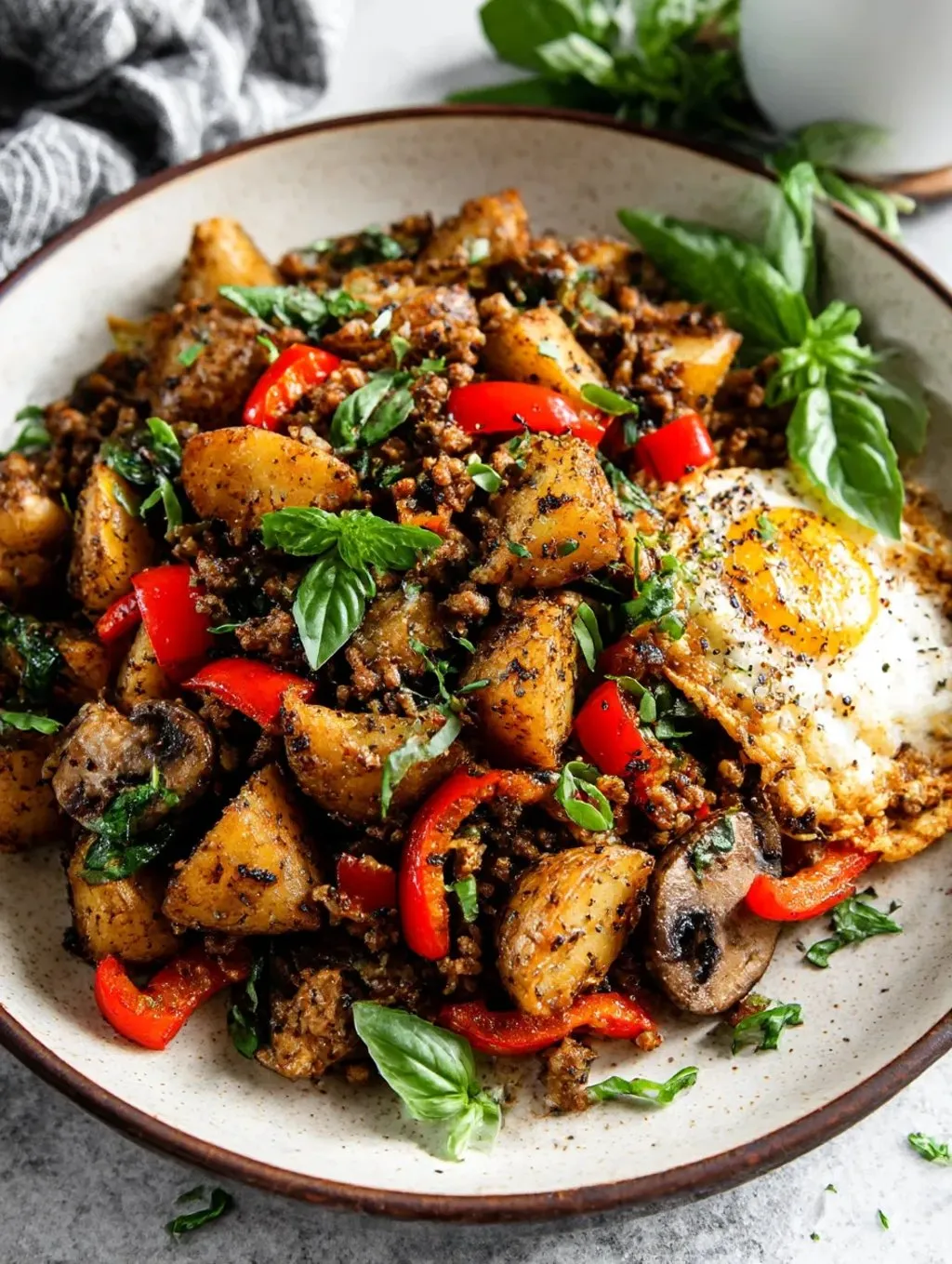 A plate of Mediterranean ground beef stir fry.
