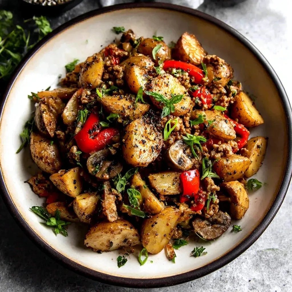 A bowl of Mediterranean ground beef stir fry.