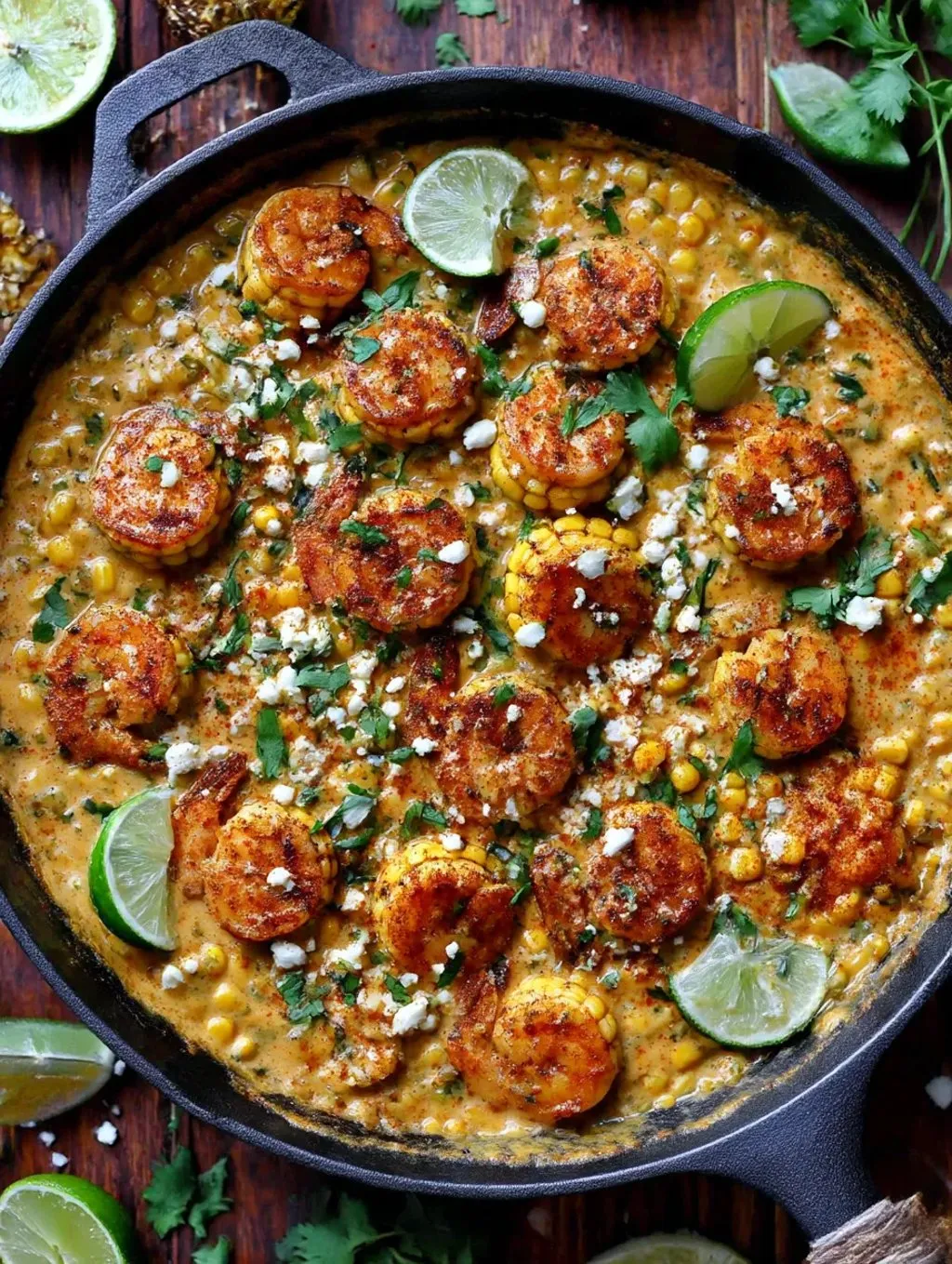 A pan of shrimp and creamed corn.