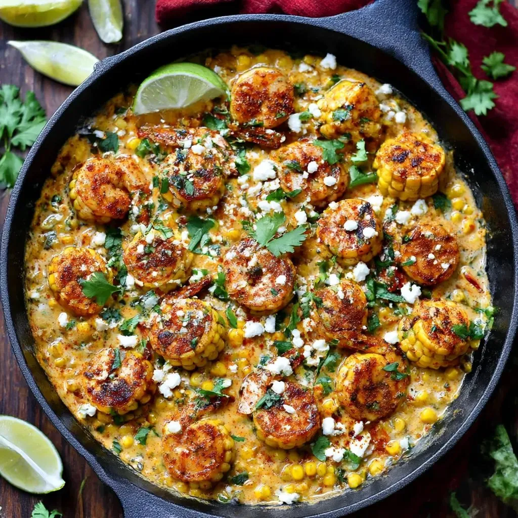 A pan of shrimp and creamed corn.